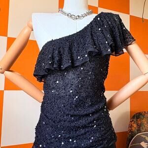 Y2K Vintage Black Beaded Sequin Asymmetrical Flutter Sleeve Silk Blouse